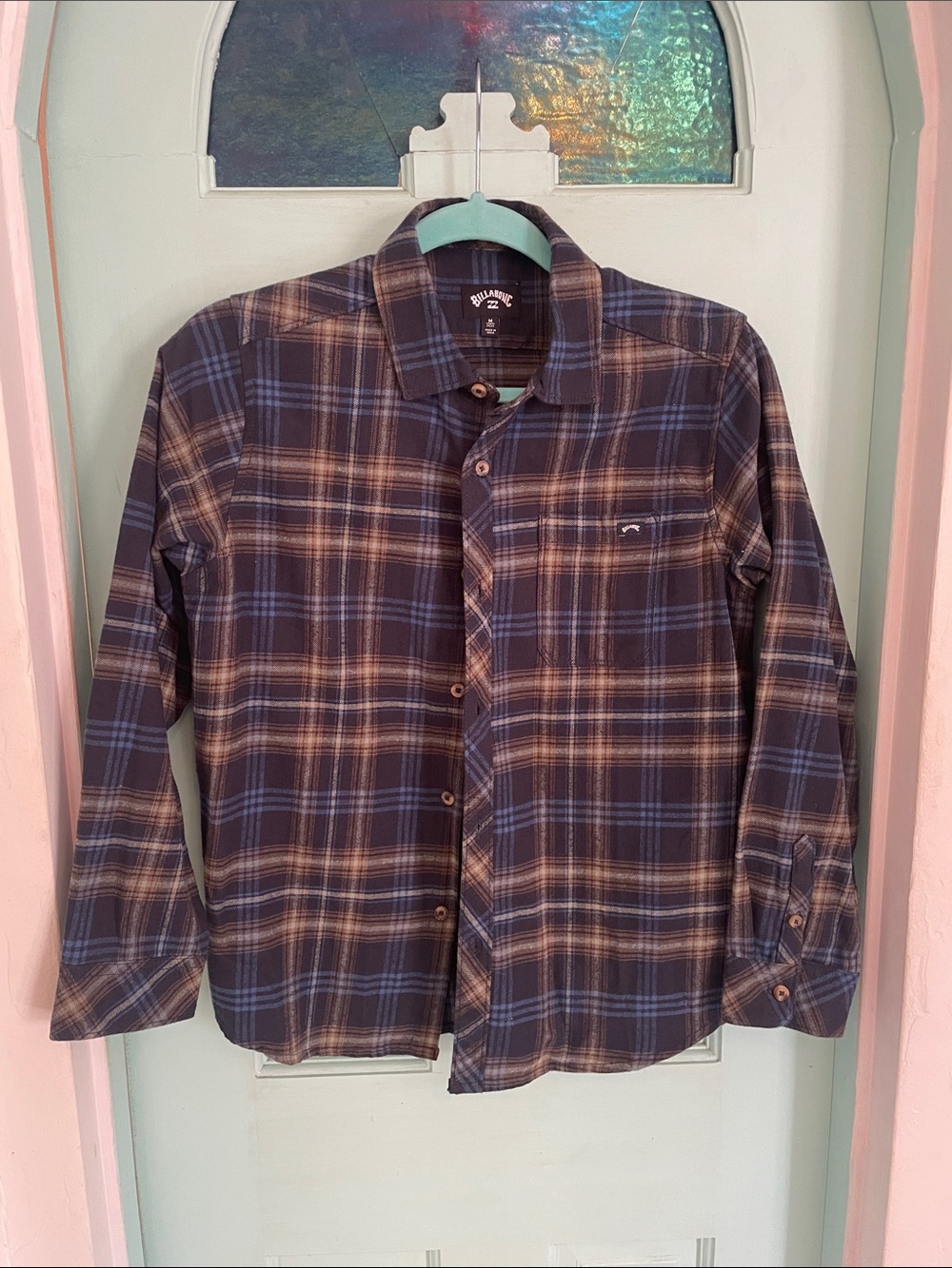Billabong Boy’s Navy and Brown Plaid Button-Down Shirt